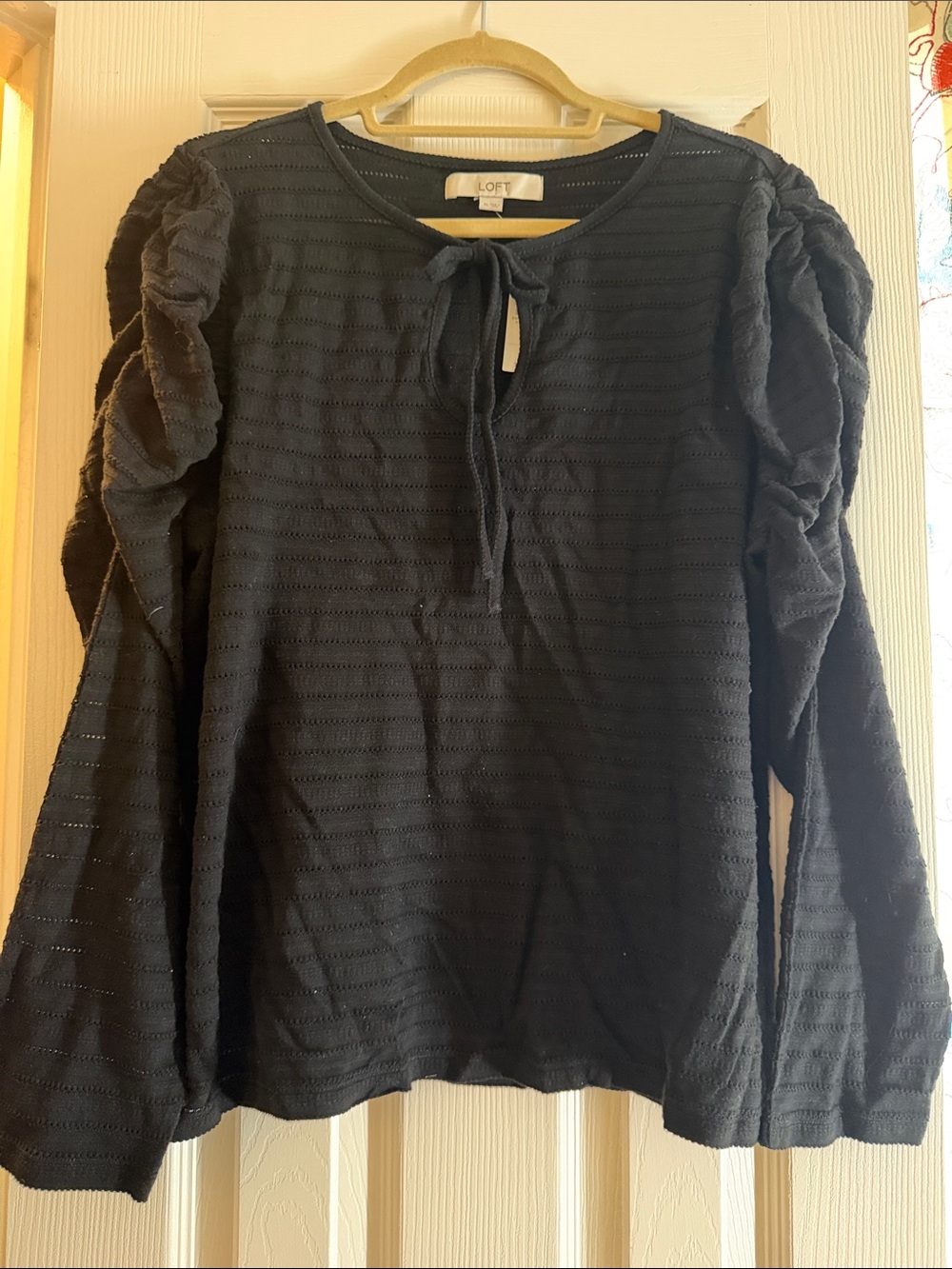 LOFT Black Puff-Sleeve Tie-Neck Long Sleeve Top